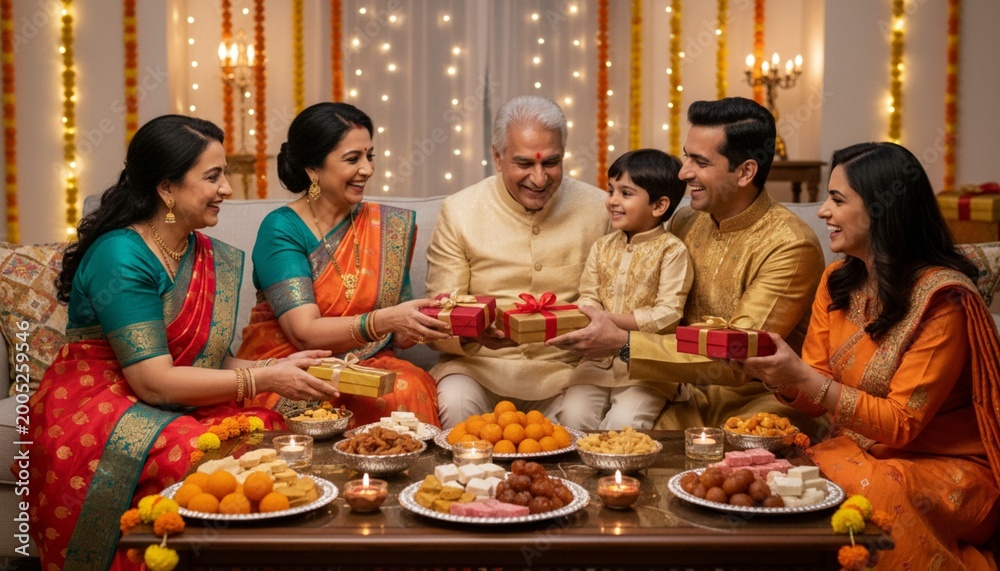 Fototapeta premium Family members celebrate a diwali festival together giving gifts and sharing food in a decorated room with lights and sweets