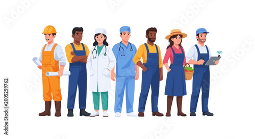 A diverse group of workers, depicted in a vector illustration, stand together representing various professions, embodying the spirit of International Labour Day and worldwide labor