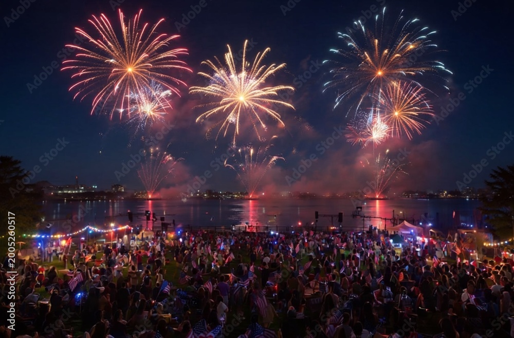 Obraz premium Fireworks display over water with crowd watching during evening celebration near cityscape for July 4 or United States of America Independence Day