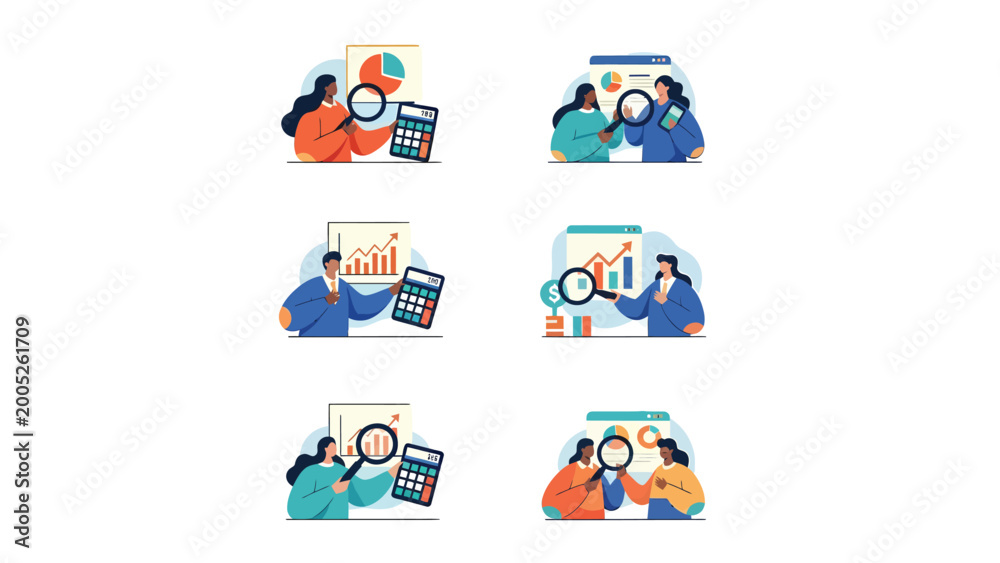 Fototapeta premium Illustrations of people analyzing financial data, business reports, and market trends with calculators and magnifying glasses, representing accounting and strategic planning.
