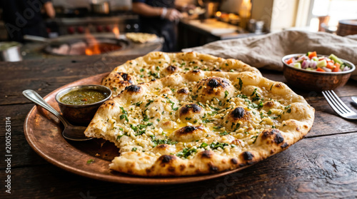 Freshly Baked Naan Bread with Green Chutney and Side Salad Served in a Rustic Kitchen Setting
