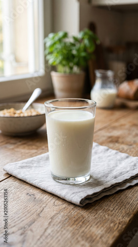 Refreshing Glass of Milk on a Wooden Table Surrounded by Breakfast Elements and Natural Light in a Cozy Kitchen Setting