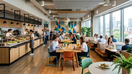 Modern office cafeteria with vibrant design, colorful corporate interior, stylish seating and contemporary architecture, workplace lifestyle concept, clean composition, realistic materials, polished