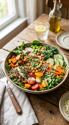 Colorful and Nutritious Salad Bowl with Fresh Vegetables, Quinoa, Nuts, Seeds, and Dressing on Wooden Table in Bright Kitchen Setting