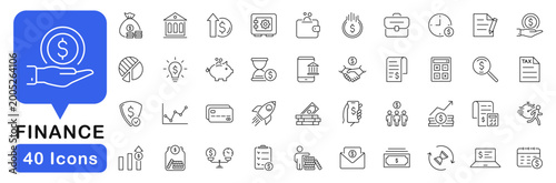Finance icons in line style set. Editable web icons money, bank, payment, profit, investment, business etc. Vector illustration.
