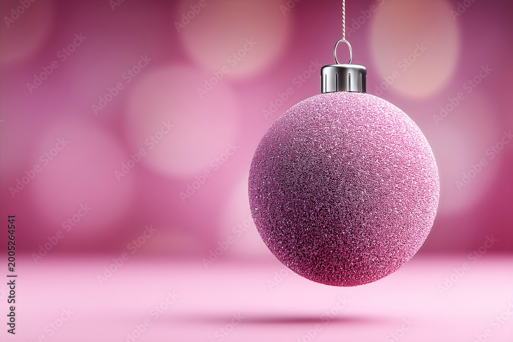 Fototapeta premium Glittery pink Christmas ornament hanging against a soft magenta bokeh background with copy space.