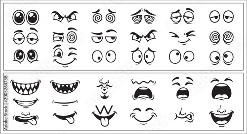Fotografie Cartoon Eyes and Mouths Vector Illustration — Black and White Set of Expressive