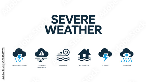 Clean outline severe weather banner with icons for storm flood thunder rain typhoon and low visibility minimal vector design