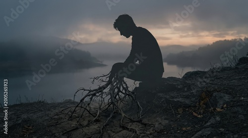Silhouette with withered roots symbolizing inner burnout, conceptual mental exhaustion scene with emotional decline, stress and personal struggle themes, powerful symbolic composition, muted tones,