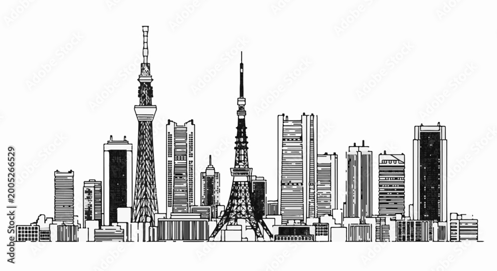 Obraz premium Black and white sketch of a modern city skyline with tall towers