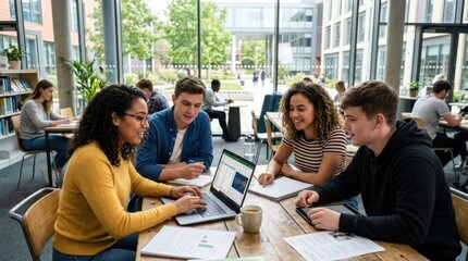 University students working on a project with a laptop, collaborative education concept, teamwork and study session, modern campus environment, shared ideas and youthful productivity, bright natural