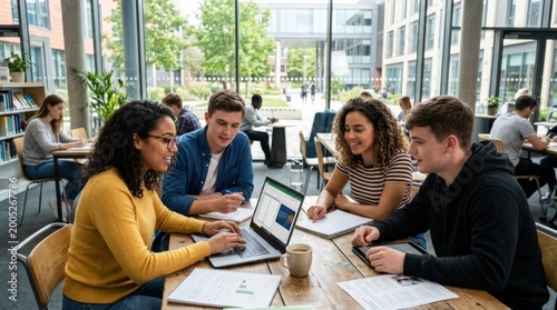 University students working on a project with a laptop, collaborative education concept, teamwork and study session, modern campus environment, shared ideas and youthful productivity, bright natural