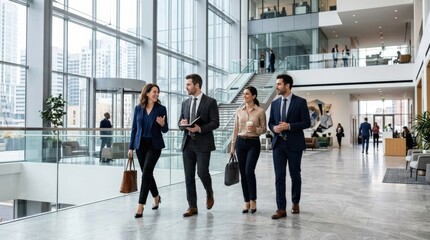 Formal business people walking and talking in a modern office lobby, corporate teamwork and leadership concept, professionals in motion through sleek architecture, productive conversation, bright