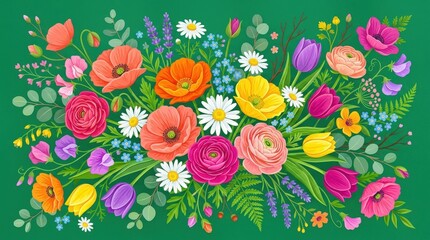 Colorful flowers on a green background, cheerful botanical composition with bright petals, decorative spring mood and playful seasonal energy, ideal for greeting cards and surface design themes,