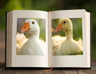 A book lies open on a wooden surface showing two duck photos