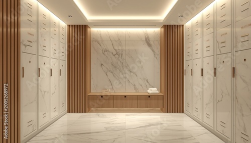 Modern luxury locker room interior with marble walls and wooden accents