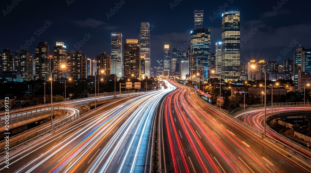 Obraz premium Highway car rainbow light trails against modern city buildings, long exposure urban nightlife concept for transport, technology and metropolitan branding, vibrant motion lines and reflective towers