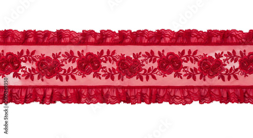 Foto Red lace ribbon with rose floral pattern and ruffles.