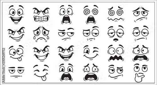 Cartoon Facial Expressions Vector Illustration — Black and White Set of Twenty-Five Emotional Faces for Design and Communication