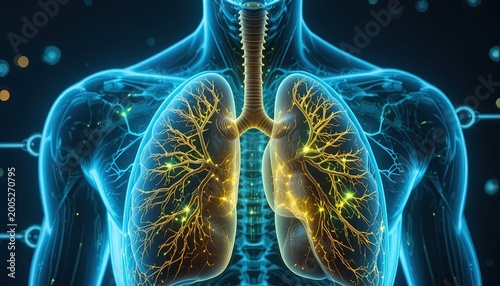 3d medical illustration of glowing human lungs and respiratory system in dark blue tech background