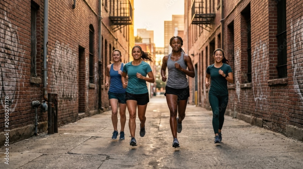 Obraz premium Women running in athletic gear through an urban alley at sunset, energetic fitness lifestyle, female runners in motion, city training session, teamwork and endurance concept, warm evening light,