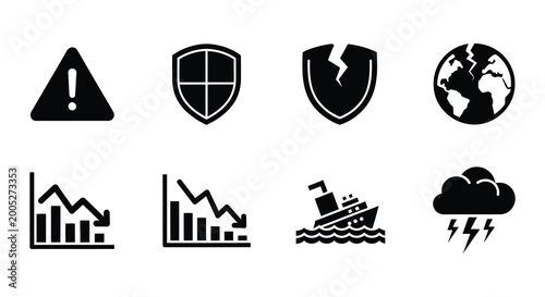 Foto Set of black flat icons depicting warning security and global concepts