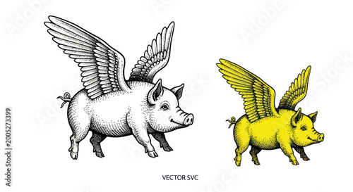Canvas Print Flying Pig Illustration - Black and White and Yellow
