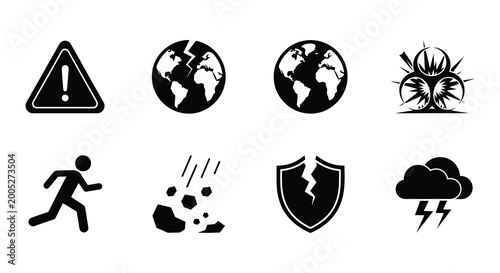 Canvastavla Set of black flat icons depicting warning security and global concepts