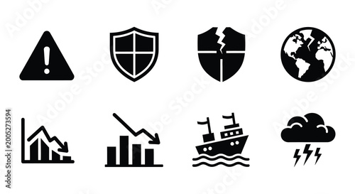 Canvas Print Set of black flat icons depicting warning security and global concepts