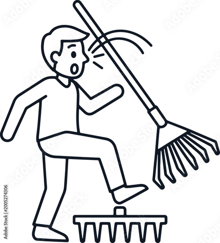 Canvastavla Man stepping on rake cartoon for fall and pain symbol.