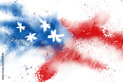 colorful flag of united states of america USA red blue stripes stars color holi paint powder explosion isolated on white background.american star spangled banner travel and tourism concept. 