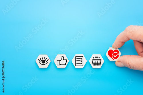 Customer journey marketing funnel concept with purchase icons
