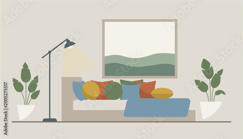 Cozy modern sofa with colorful pillows and framed landscape artwork in a stylish living room