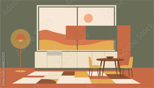 Cozy modern living room with large windows and dining area during sunset