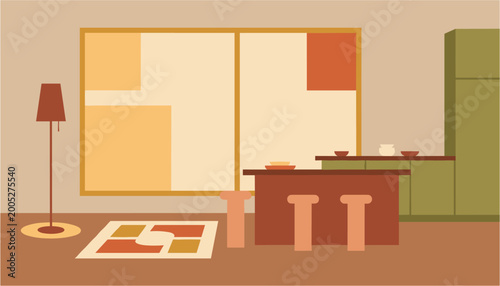 Minimalist kitchen interior with abstract wall art and bar counter