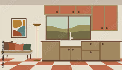 Modern kitchen interior with cozy living area and large window view