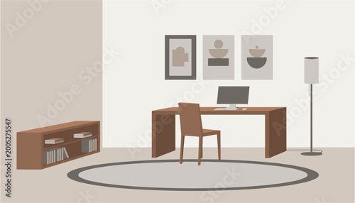 Modern home office workspace with desk, chair, computer, and bookshelf