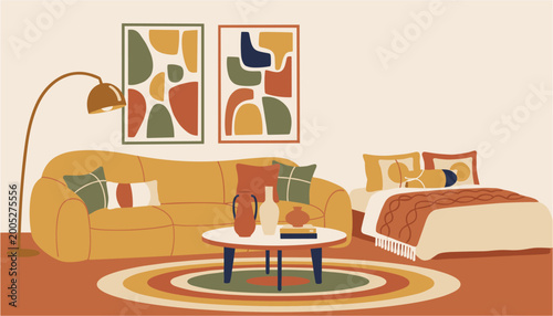 Couple sitting at small table in cozy modern bedroom with round rug and artwork
