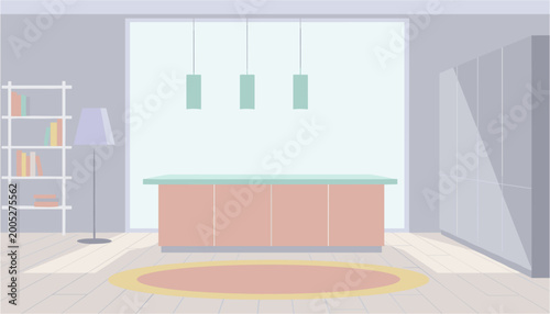 Modern minimalist reception desk with pendant lights in bright office space