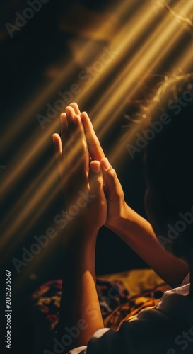 Hands are clasped together in a posture of peaceful prayer while bathed in golden light rays.