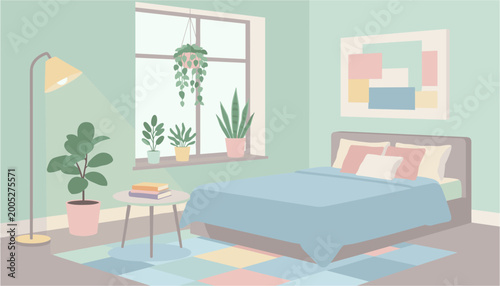 Cozy bedroom with large bed, plants, and reading lamp near window