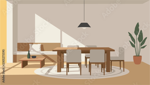 Modern minimalist workspace with wooden desks and gray chairs in bright room