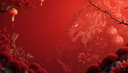 Chinese dragon head illustration with red lanterns flowers and branches on red background for lunar new year