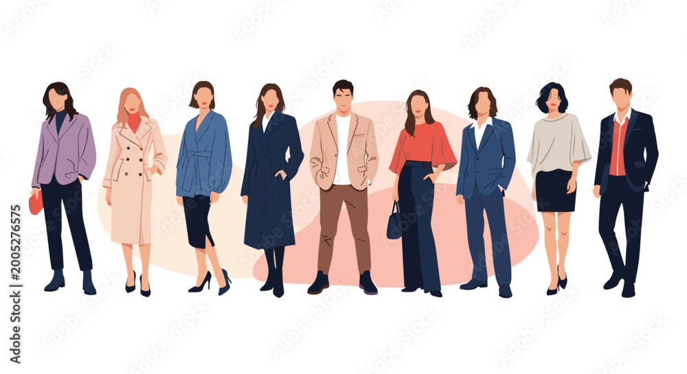 Obraz premium Group of fashionable men and women dressed in contemporary stylish outfits reflecting modern trends in professional and casual apparel.