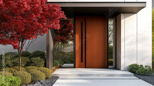 Modern wooden front door of luxury house with red maple tree and minimalist garden landscape