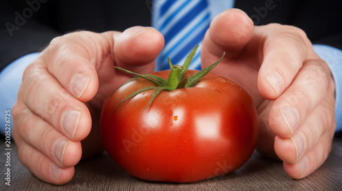 Businessman hands protecting ripe red tomato on table as concept of food security and quality control