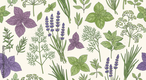 Beautiful seamless pattern featuring colorful hand-drawn illustrations of culinary herbs including lavender, basil, rosemary, and dill.
