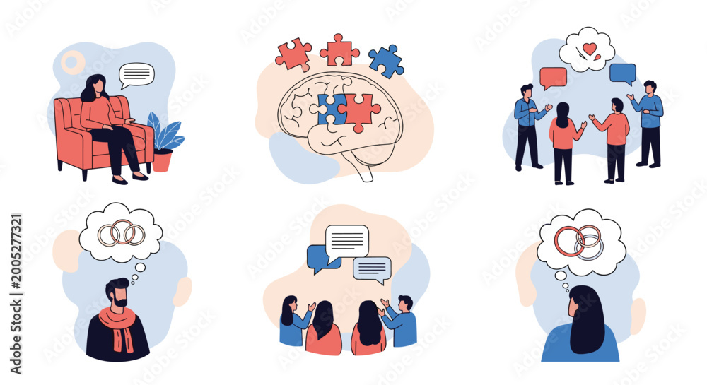 Fototapeta premium Set of vector illustrations representing mental health, psychology, communication, and human relationships with characters and thought bubbles.