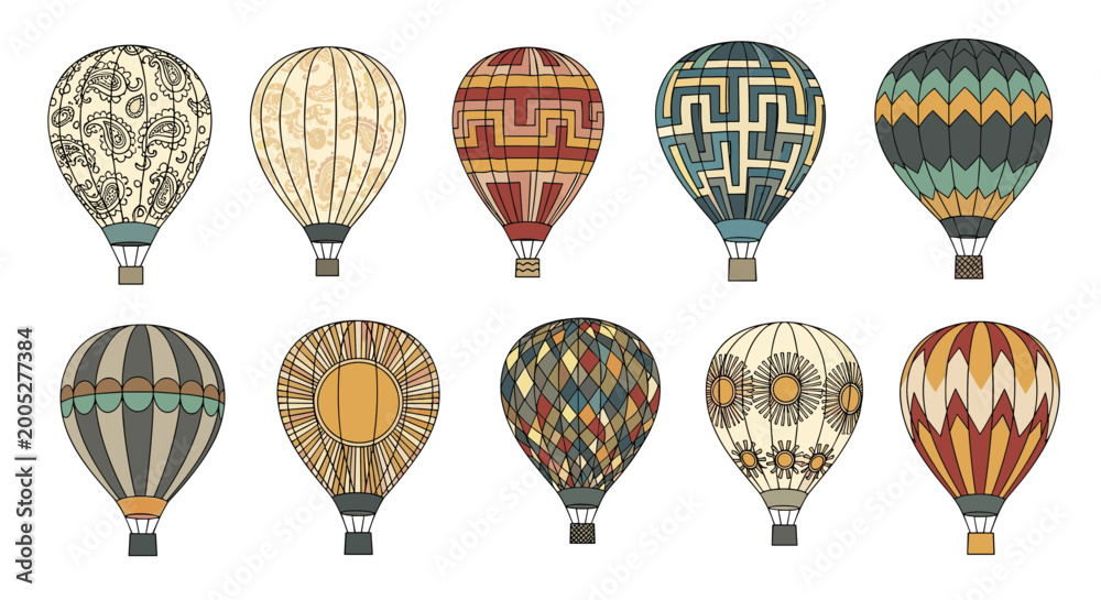 Fototapeta premium Collection of ten colorful hot air balloons featuring various intricate patterns and designs like stripes, geometric shapes, and floral motifs.