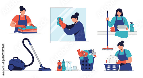 Diverse scenes of professional cleaning services with women washing windows, folding laundry, vacuuming, and doing dishes in flat vector style.